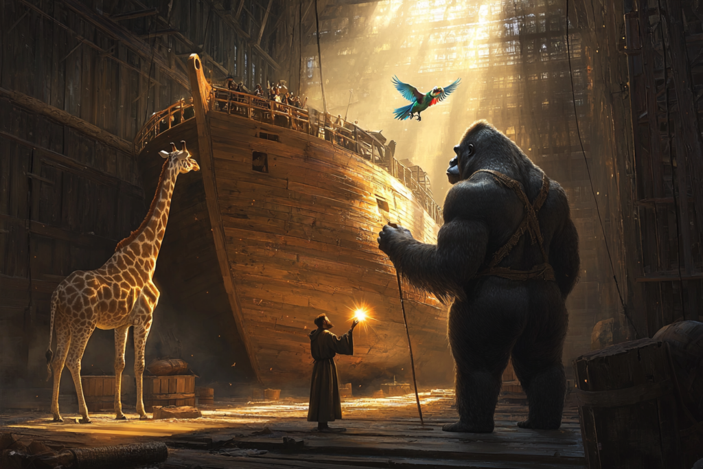 Arche Noah im Bootslager Heist bei 22880 Wedel im Refit durch Noah und Tiere als Spaßbild