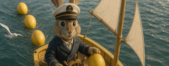 Osterhase in einem kleinen Segelboot vor Wedel platziert gelbe Ostereier auf die Elbe zu Ostern 2025