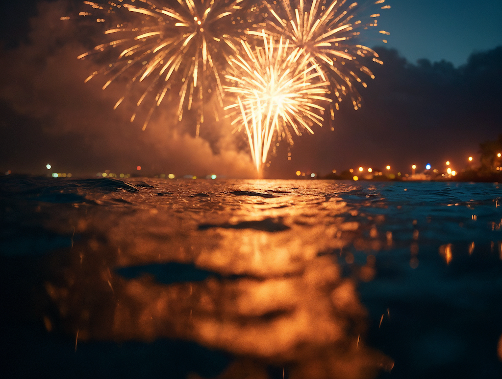 KI-generiertes Foto: Festliches Feuerwerk über Wasser