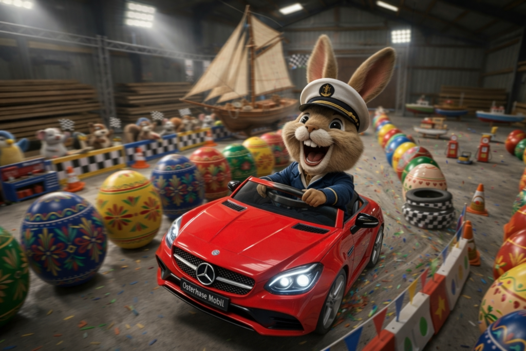 Oster-Race im Bootslager Heist mit Osterhase und Igel in schnellen Kinderautos